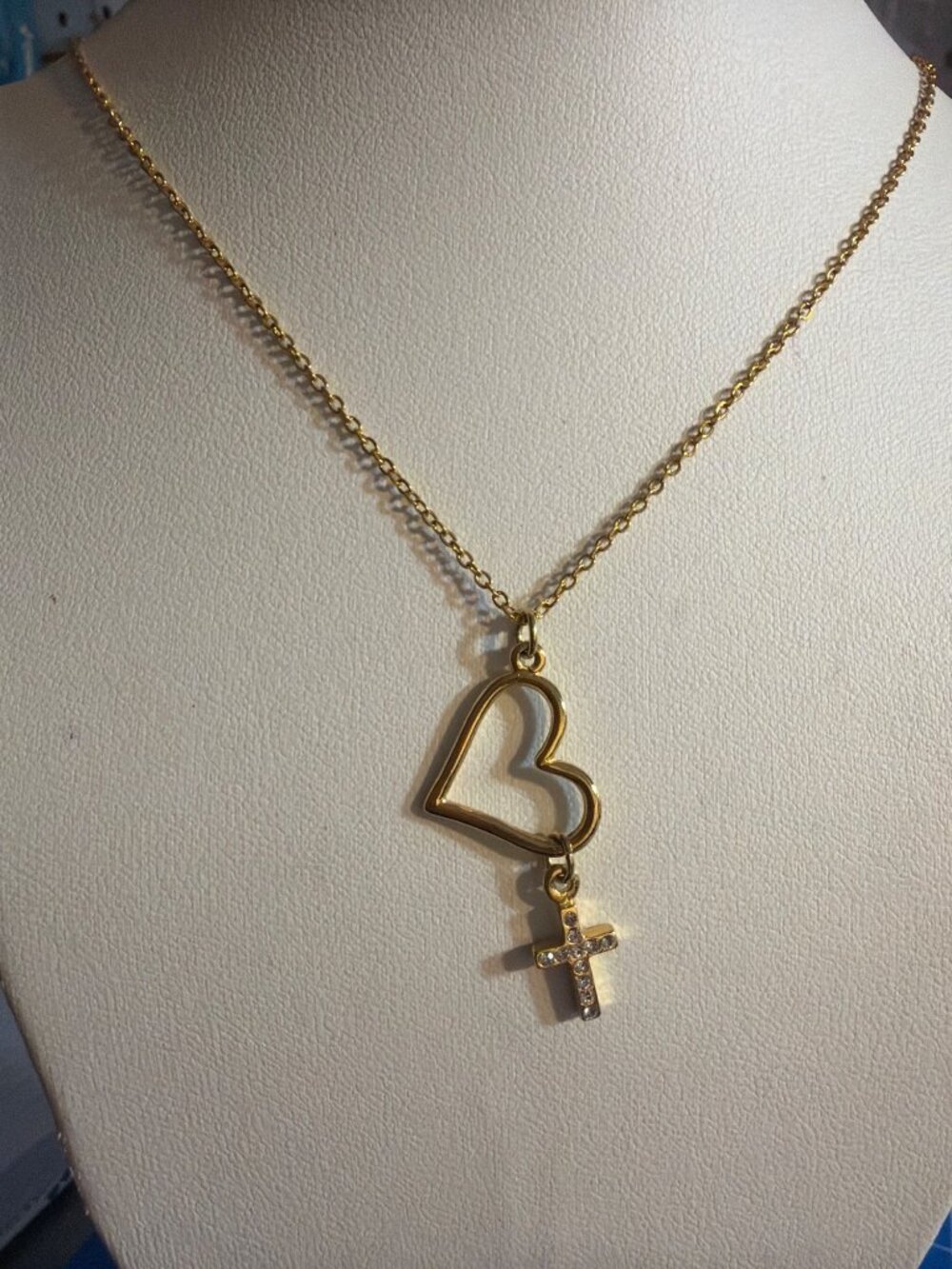 Gold Tone Heart Cross Pendant Necklace Clear Rhinestones Dangle Dainty 18" NWOT